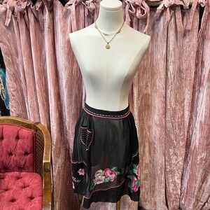 Vintage 1950Sheer Floral Embroidered Apron Black Pink Cottagecore Kitchen Wear
